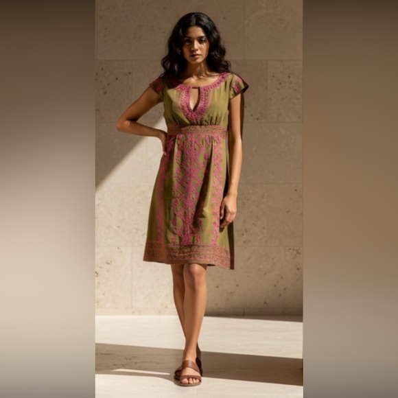 Nanette Lepore Dresses & Skirts - NANETTE LEPORE Dress Embroidered 100% Silk Green Pink Empire Cap Sleeves Sz 0